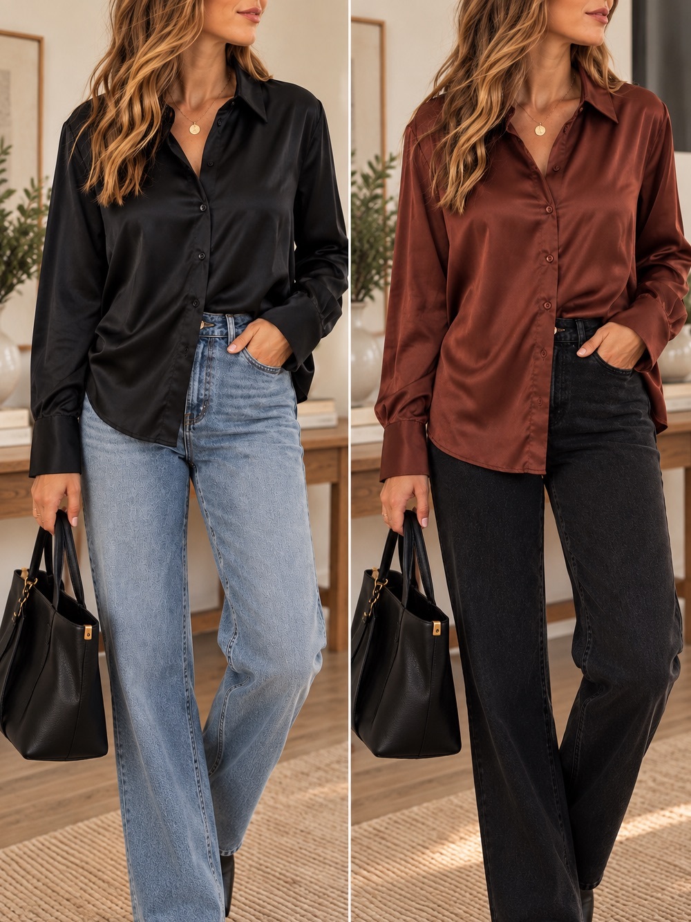 CURVE Plus Size Satin Long Sleeve Button Shirt Black Brown Blouse Bundle